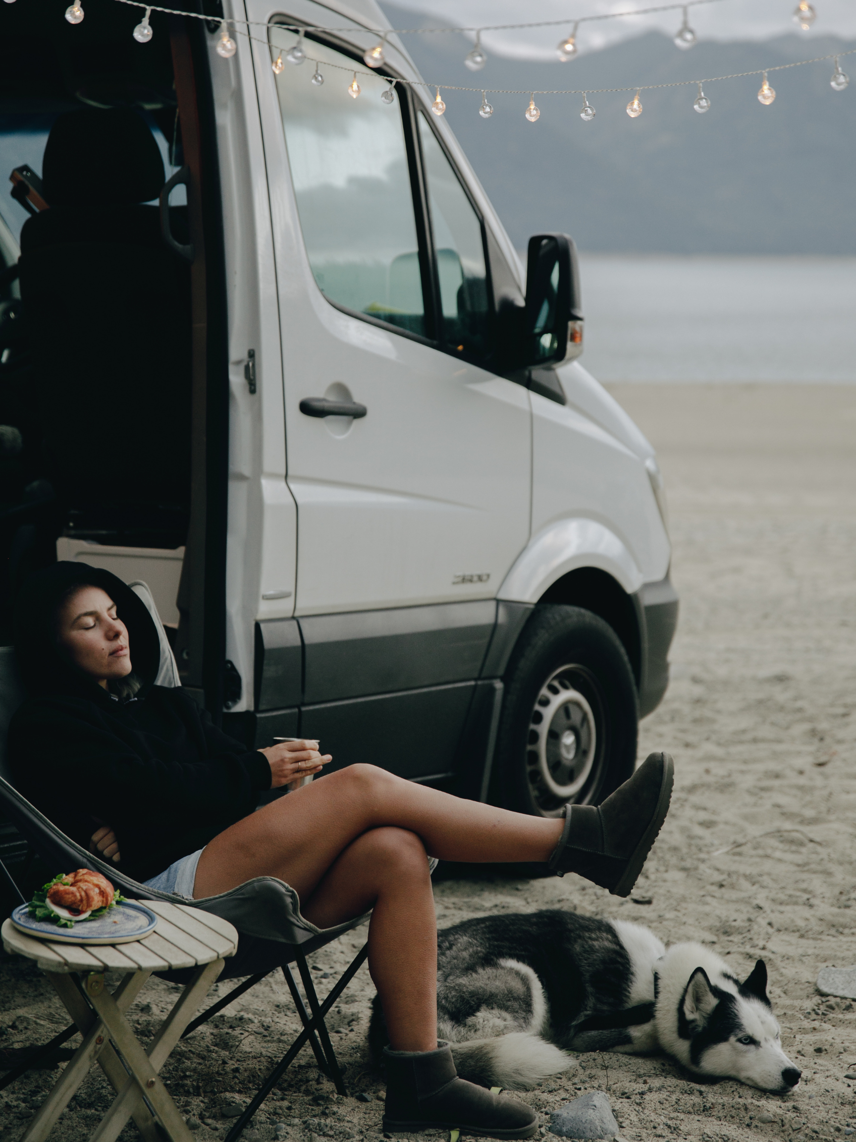girl sits on beach by van with dog