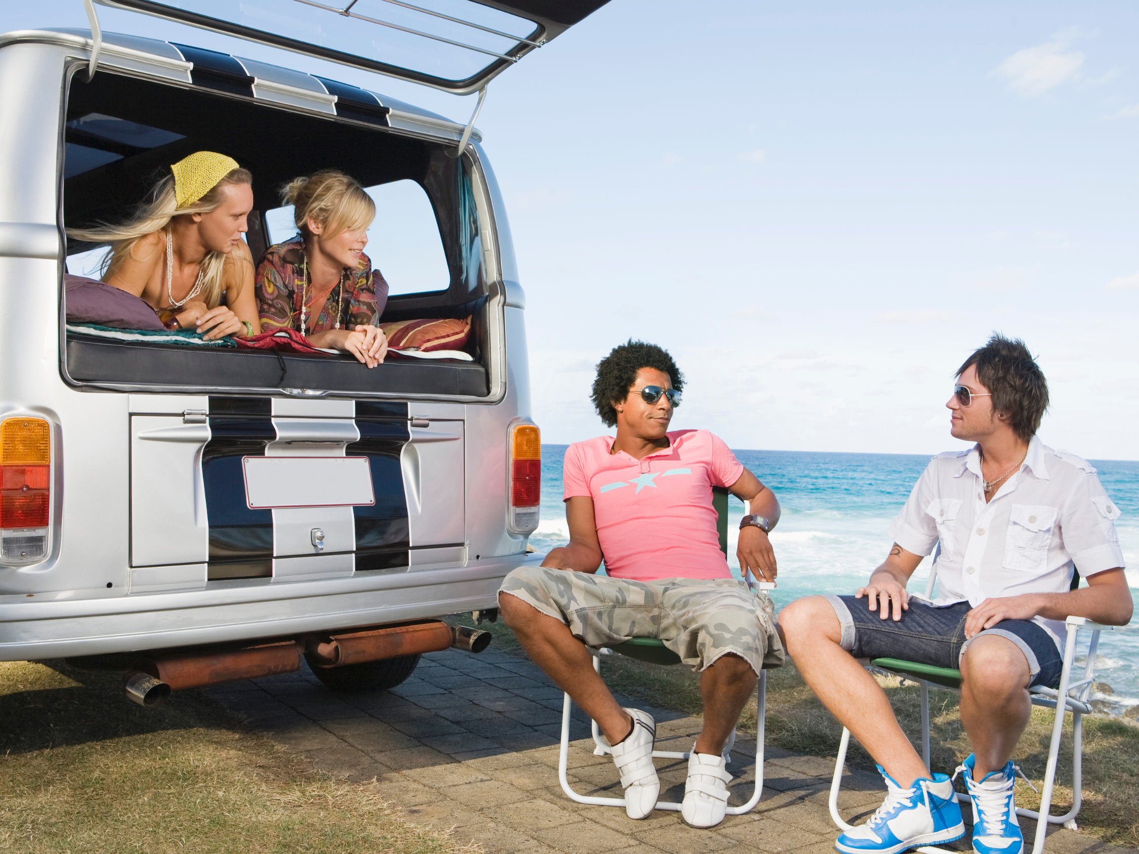 friend group rents camper van for road trip