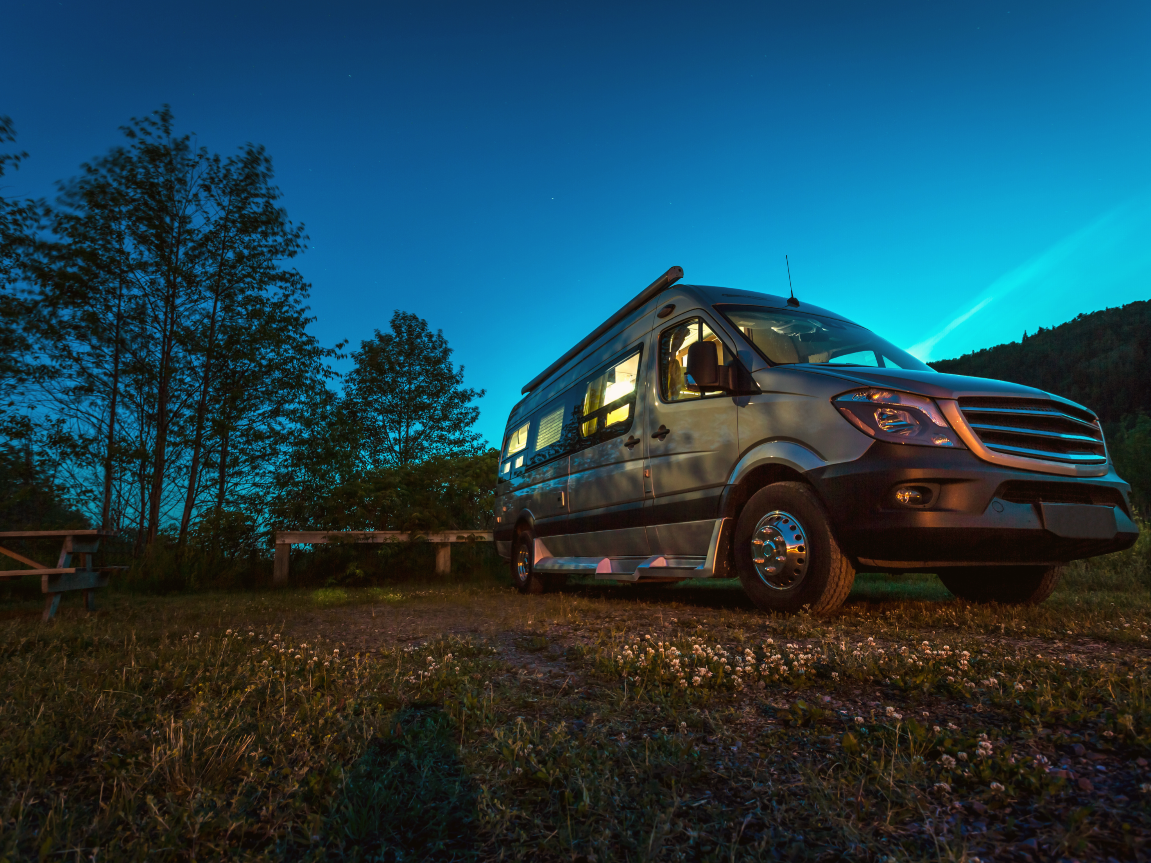 electricity at night in campervan