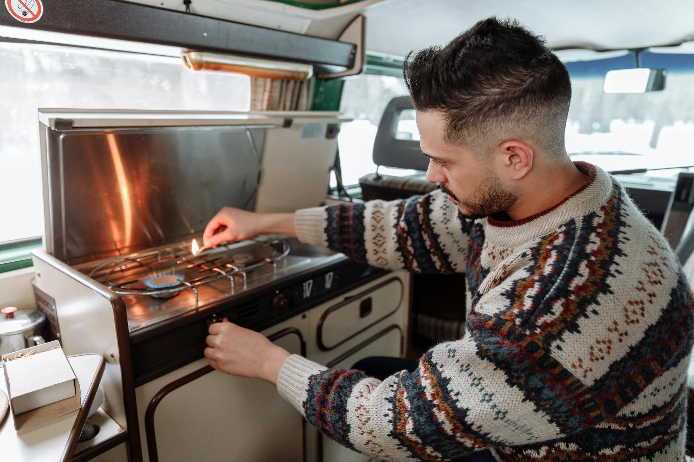 cooking for warmth in van during winter season
