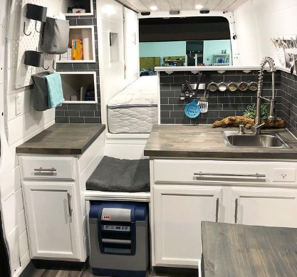 compact tiny kitchen in camper van build