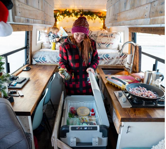 slide out fridge in camper van kitchen