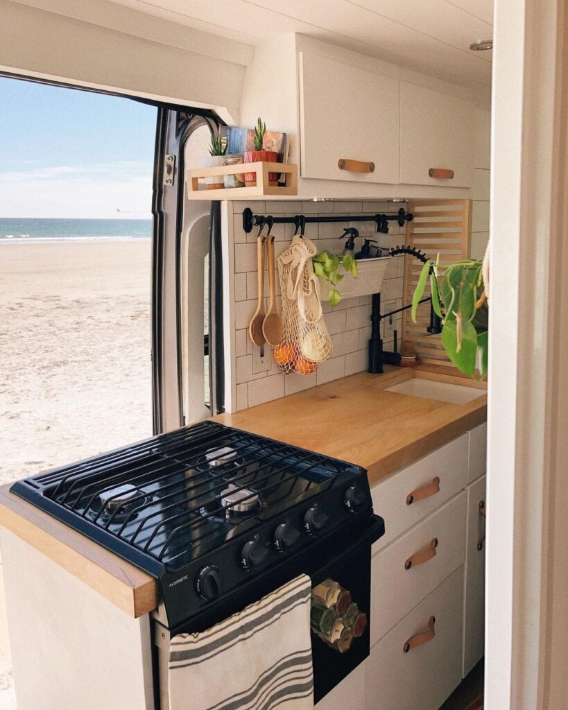 mini stove in camper van kitchen