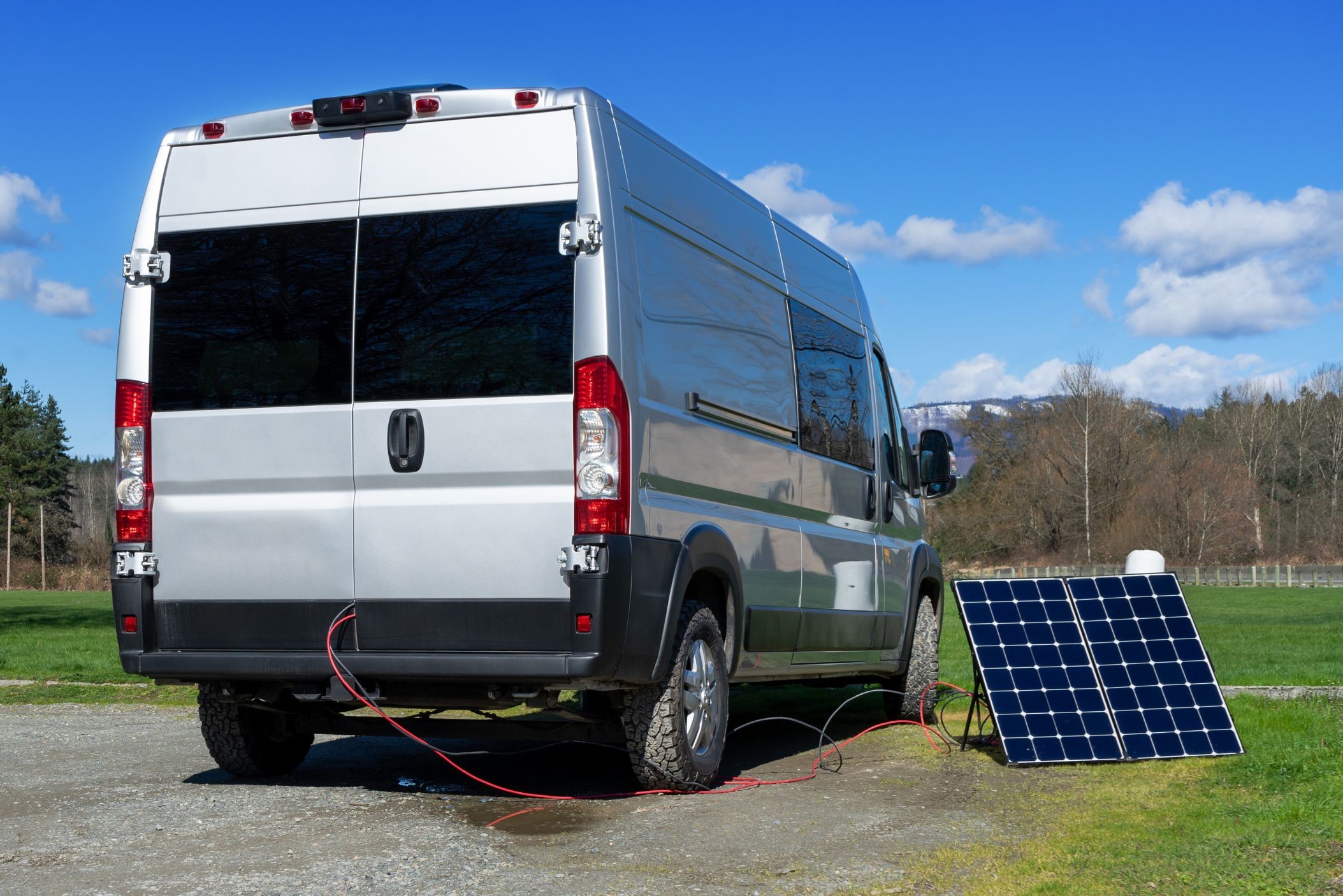 Portable solar panel next to camper van