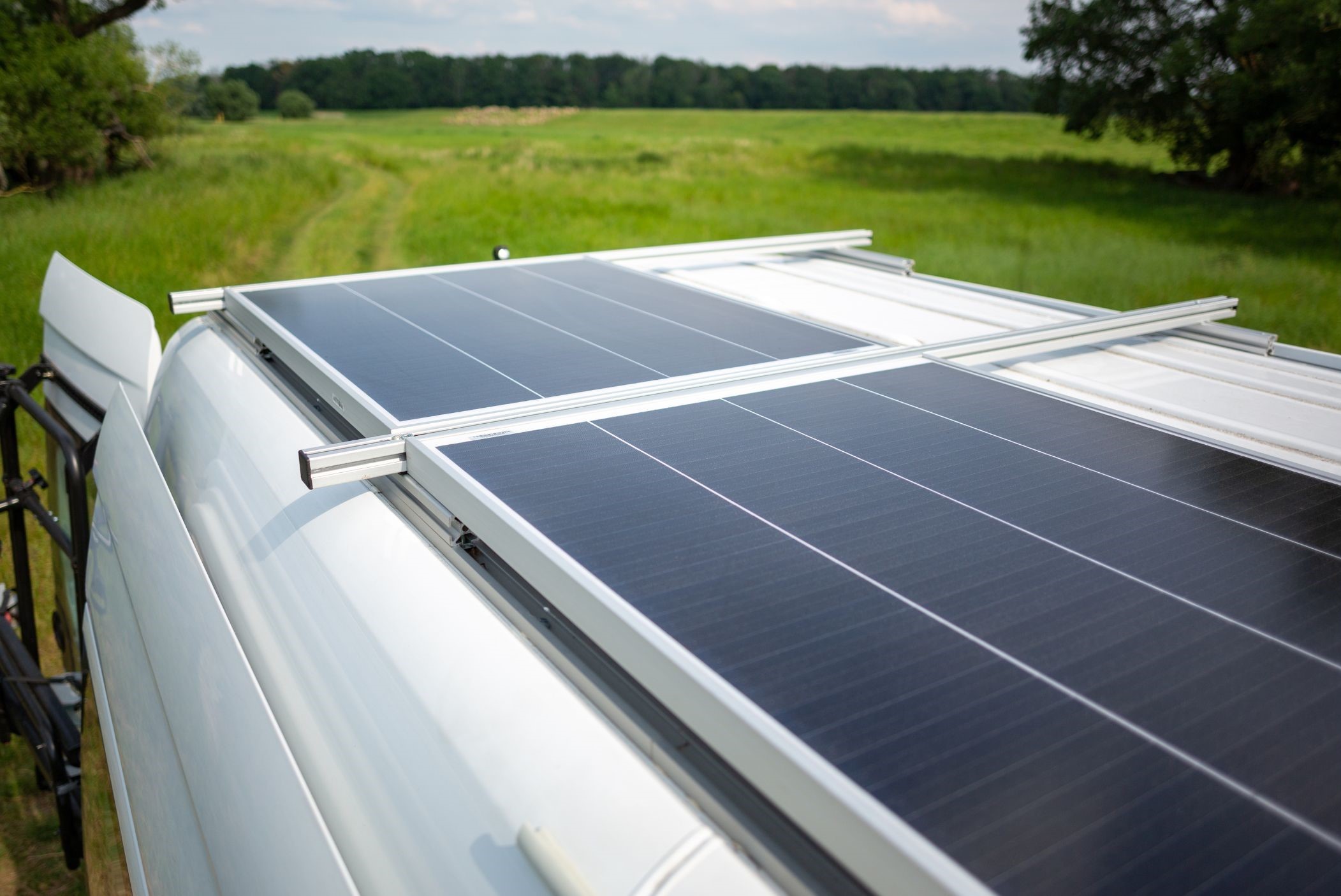 Solar panel electrical parts on camper van roof