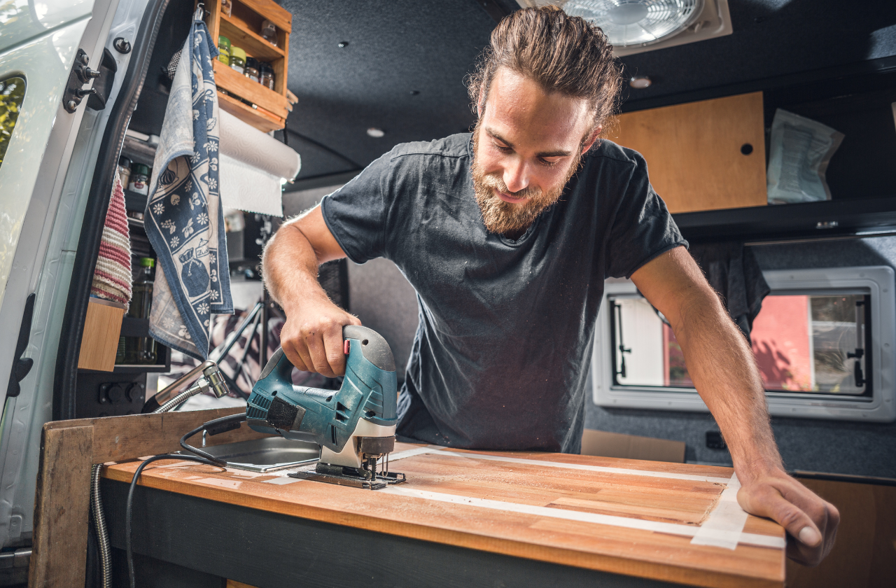 Camper van upfitter building a countertop
