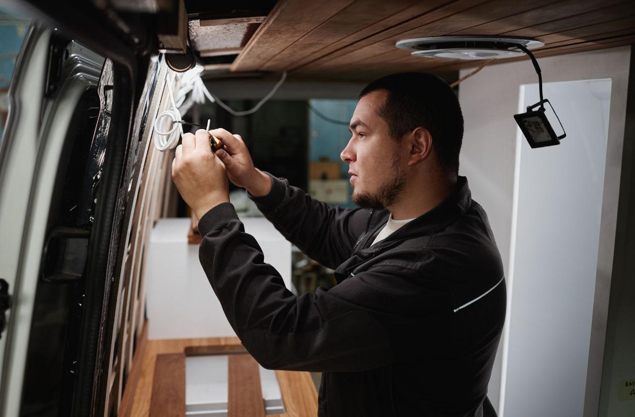 Camper van upfitter installing wiring